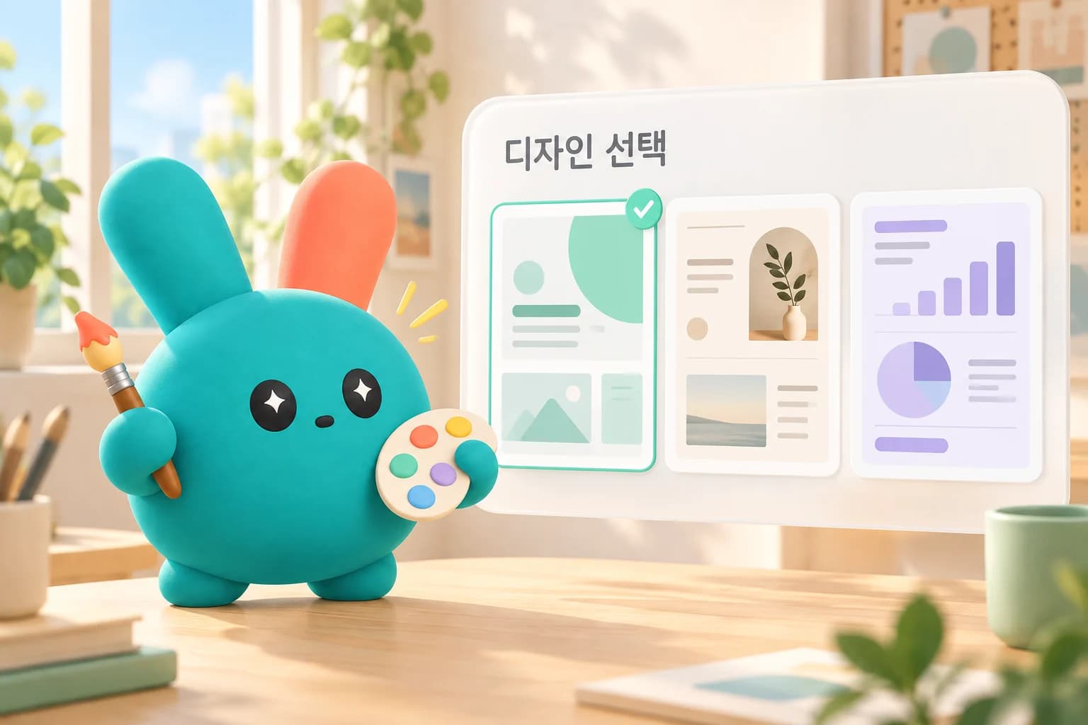 팔레트를 든 튜끼가 다양한 슬라이드 디자인을 고르는 일러스트