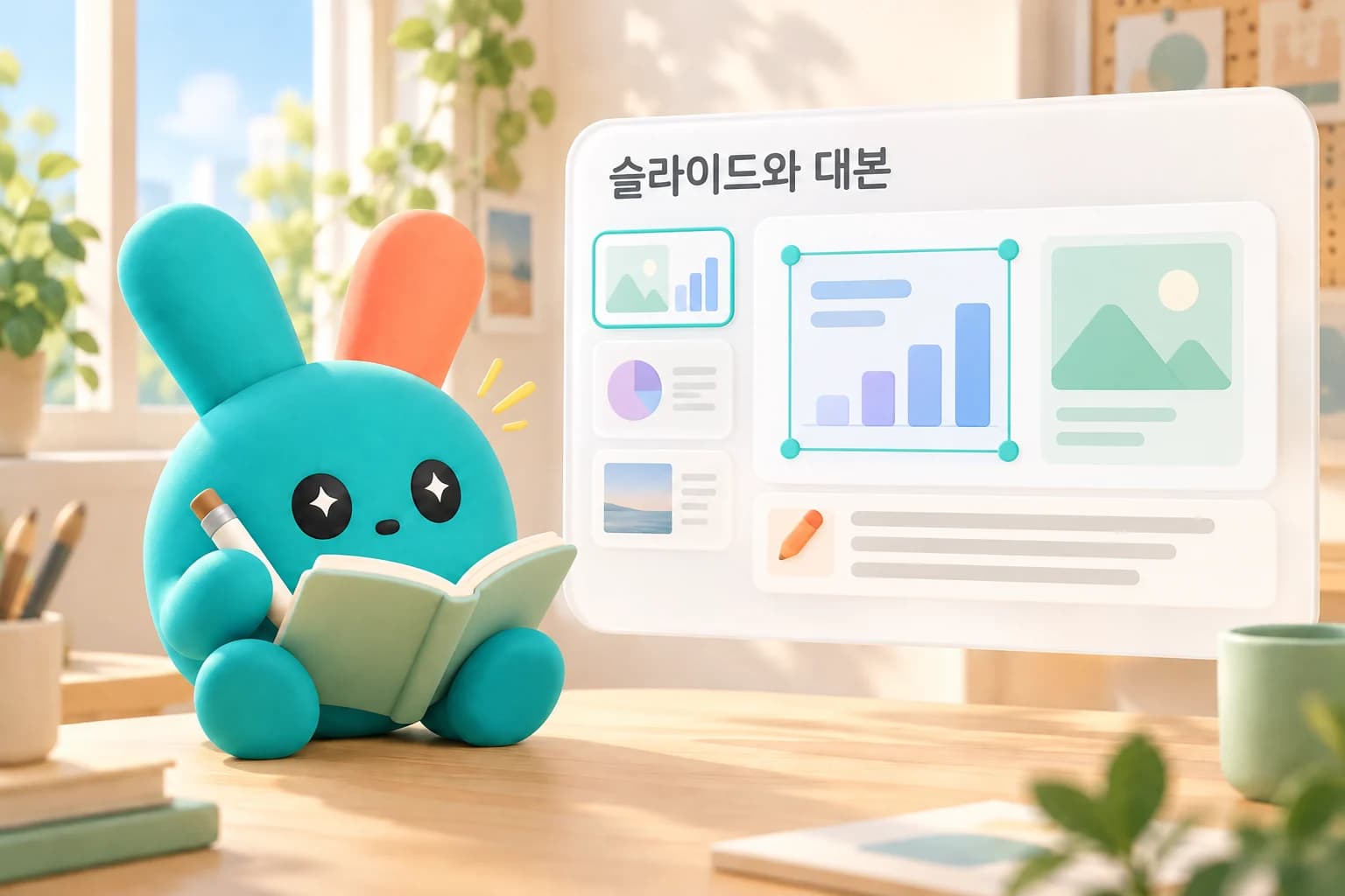 책과 펜을 든 튜끼가 슬라이드와 대본을 다듬는 일러스트