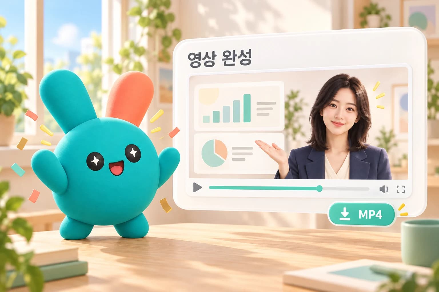 아바타 교육 영상 완성과 MP4 다운로드를 반기는 튜끼 일러스트